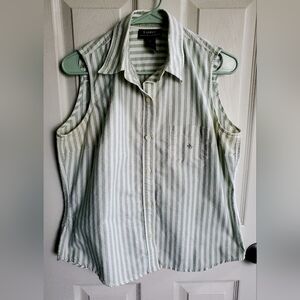Lauren Ralph Lauren Mint Green Striped 100% Cotton Sleeveless Button Top Size L